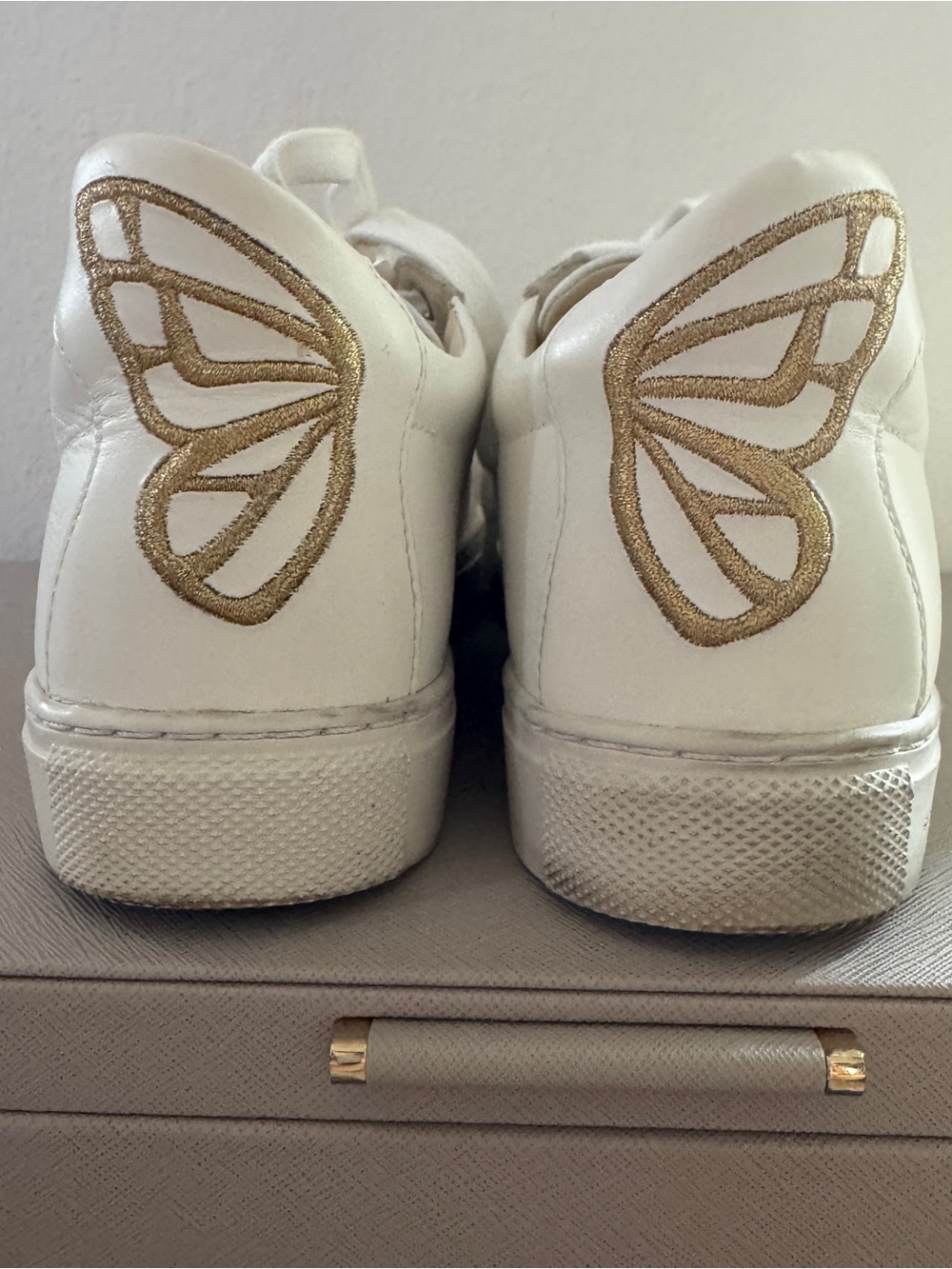 Sophia Webster White Leather Sneakers with Gold Butterfly Wings